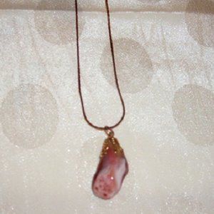 Necklace Pink/Brown Stone On Thin Gold-Tone 18" Chain Handmade Vintage